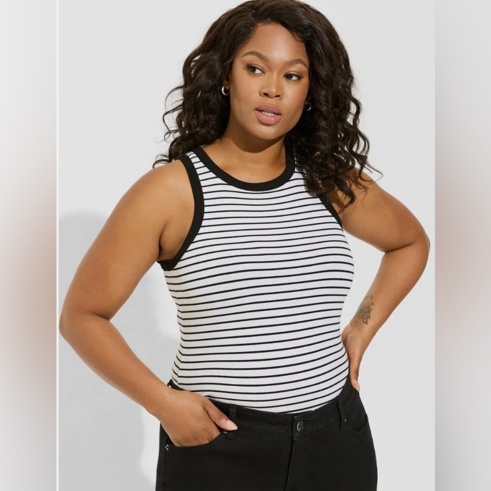Torrid Super Soft Rib High Neck Tank Top Black White Stripe
